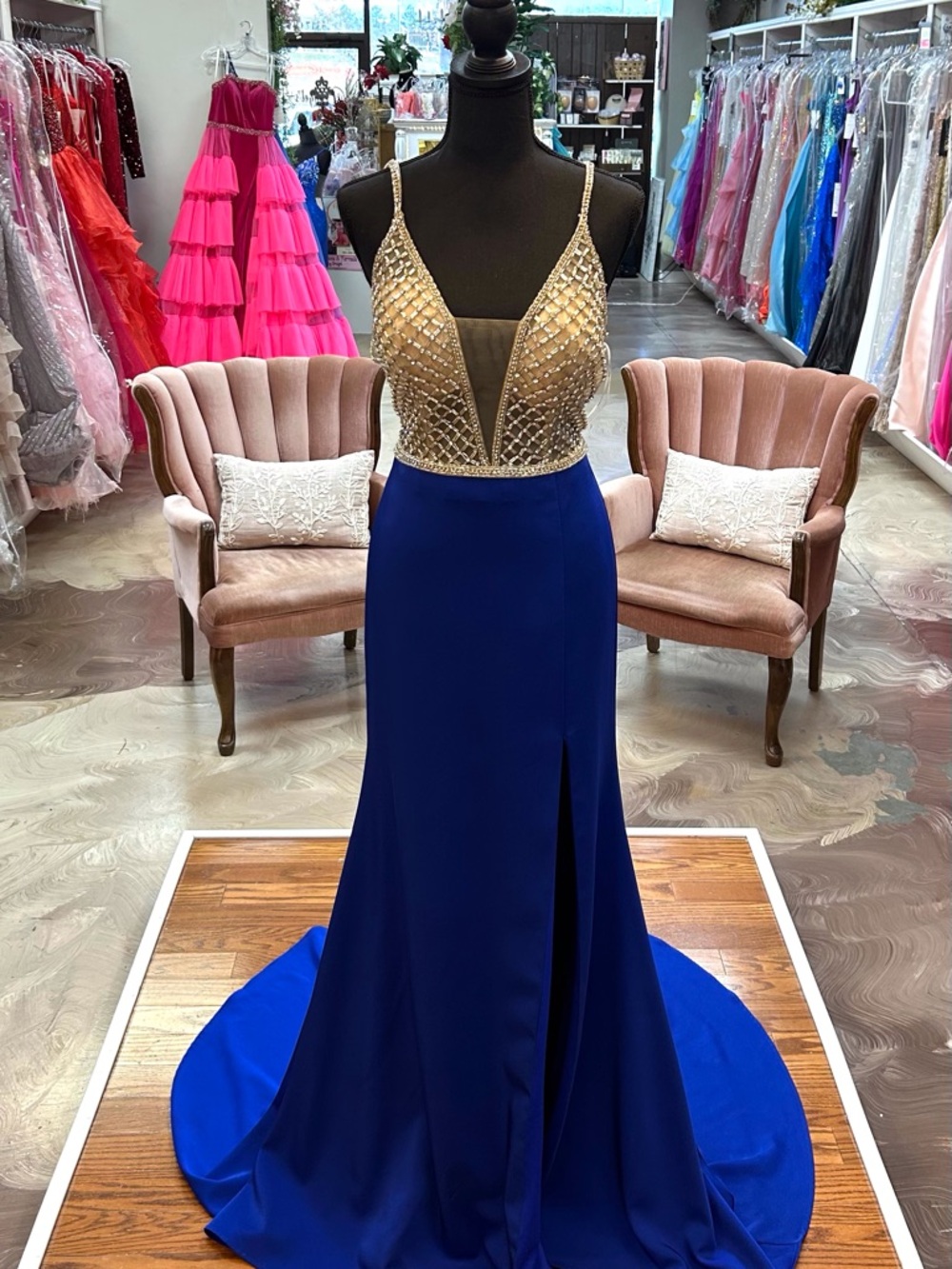 Angela & Alison Gold Embellished Bodice Royal Blue Prom Gown